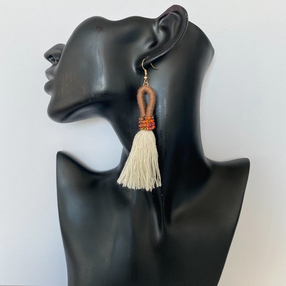 Beaded Loop Tassel Earrings - Brown - Picture 2 of 2